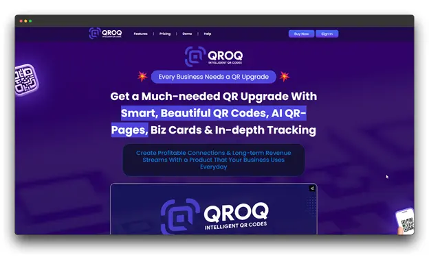 A screenshot of the QROQ website, an AI QR Code Generator, with the bold headline "Get a Much-needed QR Upgrade With Smart, Beautiful QR Codes, AI QR-Pages, Biz Cards & In-depth Tracking." The page emphasizes enhanced QR Code capabilities for businesses.