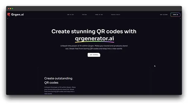 A screenshot of the qrgen.ai website, featuring the headline "Create stunning QR codes with qrgenerator.ai." The site promotes unleashing the power of AI within its QR Code generator to make brands and products stand out.