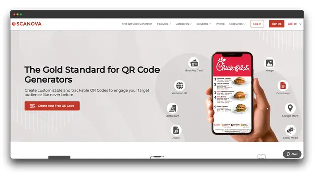 A screenshot of the Scannova website, an AI QR Code Generator, with the headline "The Gold Standard for QR Code Generators." The page features a hand holding a smartphone displaying a Chick-fil-A menu via a QR Code, surrounded by icons for various QR Code types like Business Card, Website URL, and Document.