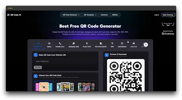  A screenshot of the "QR Code AI" website, promoting itself as the "Best Free QR Code Generator." The page displays options to create QR Codes from various content types like Website URL, Email, and PDF Document, and shows different artistic QR Code styles.