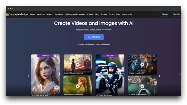  A screenshot of the Appy Pie Design website, highlighting its AI capabilities for creating videos and images. The page showcases trending AI image, animation, and video generators, demonstrating creative applications beyond typical QR Codes.