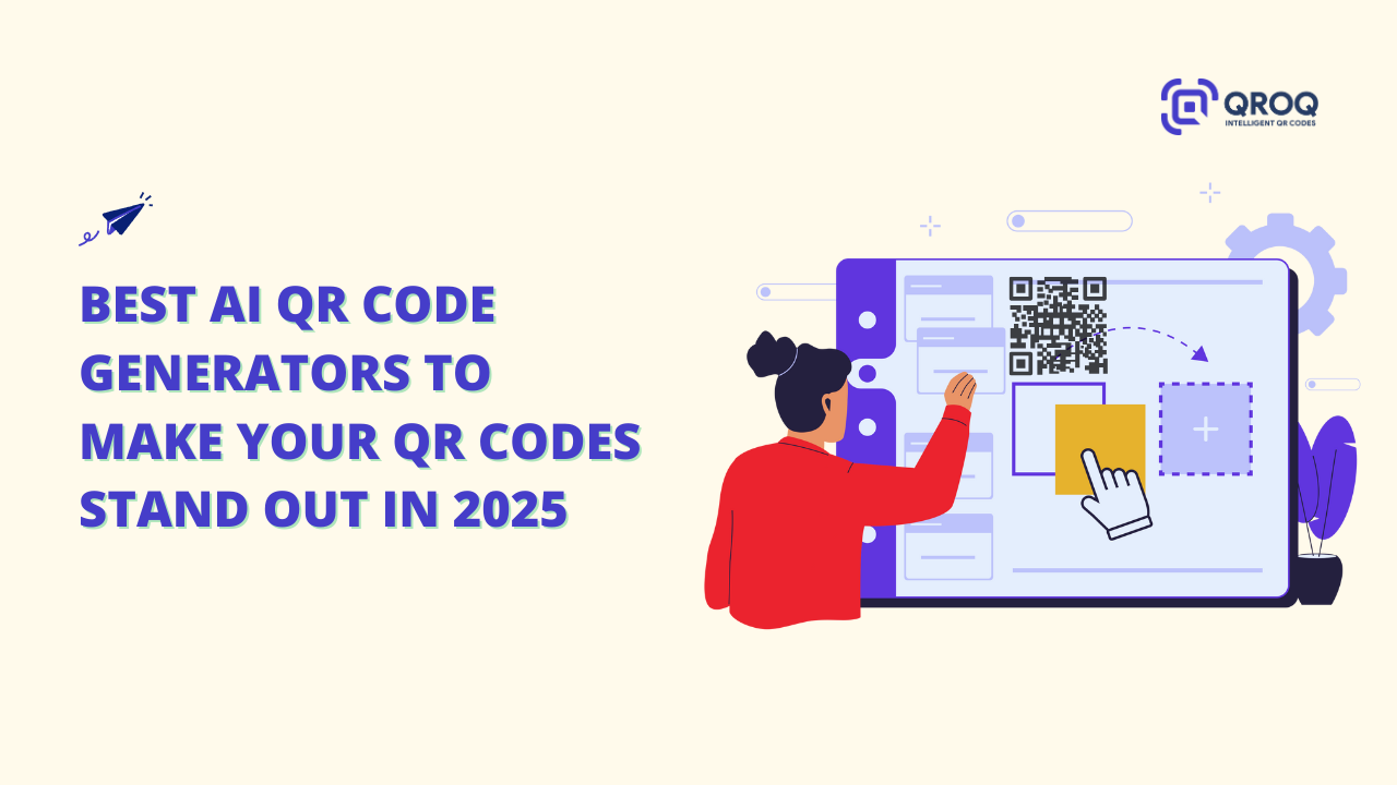 A banner image with the title "BEST AI QR CODE GENERATORS TO MAKE YOUR QR CODES STAND OUT IN 2025". On the right, an illustration shows a person interacting with a large screen displaying a QR Code and design elements, symbolizing the customization offered by AI QR Code Generators.