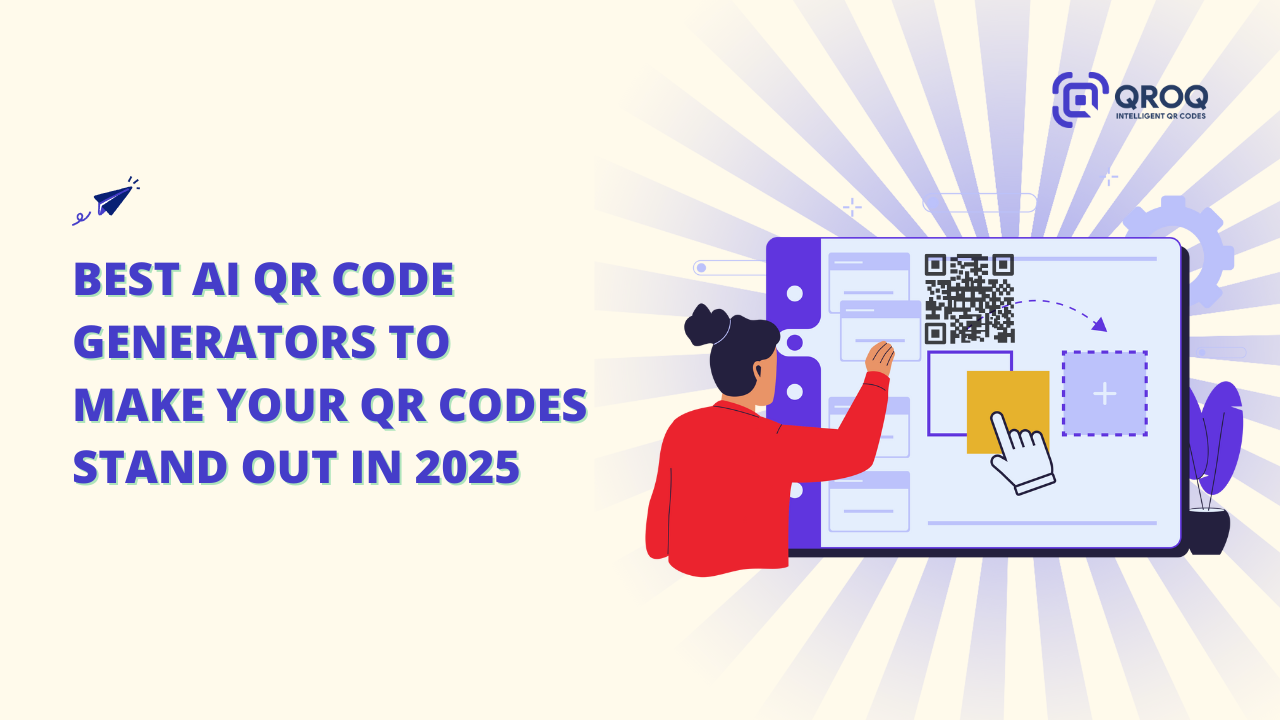 A banner image with the title "BEST AI QR CODE GENERATORS TO MAKE YOUR QR CODES STAND OUT IN 2025". On the right, an illustration shows a person interacting with a large screen displaying a QR Code and design elements, symbolizing the customization offered by AI QR Code Generators.