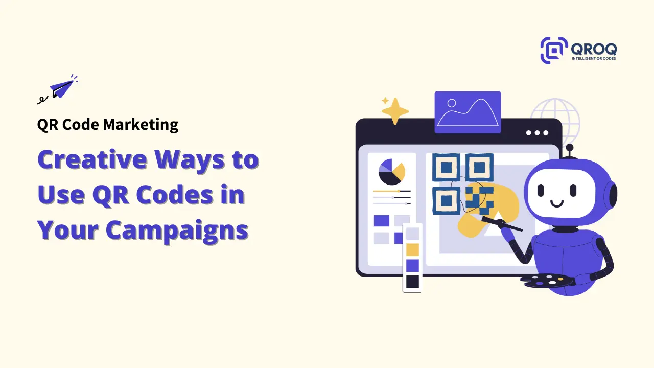 Title slide for QR Code Marketing with the text: "Creative Ways to Use QR Codes in Your Campaigns." Features an illustration of a robot character painting a QR code on a digital dashboard.