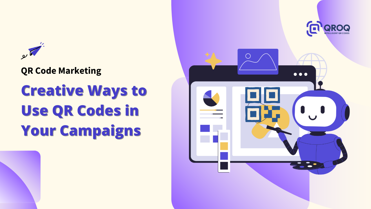 Title slide for QR Code Marketing with the text: "Creative Ways to Use QR Codes in Your Campaigns." Features an illustration of a robot character painting a QR code on a digital dashboard.
